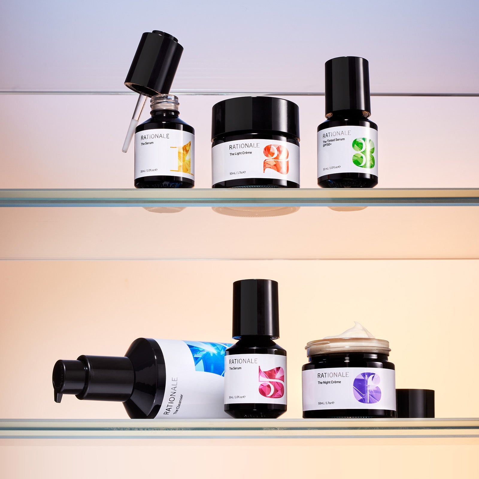 Collection of skincare products on a shelf with a gradient background